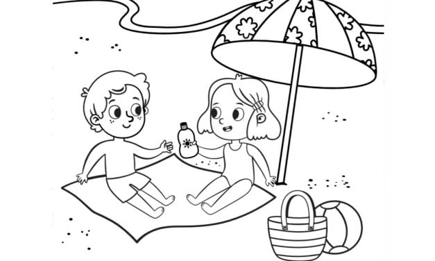Online coloring book: Coloring book children are sunbathing on the beach